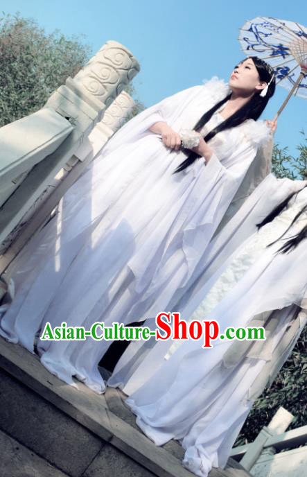 Chinese Ancient Female Knight Costume Cosplay Princess Fairy White Dress Hanfu Clothing for Women