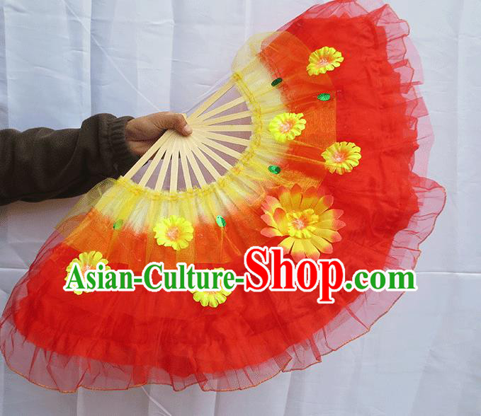 Chinese Traditional Folk Dance Folding Fans Classical Yangko Dance Red Silk Fans for Women