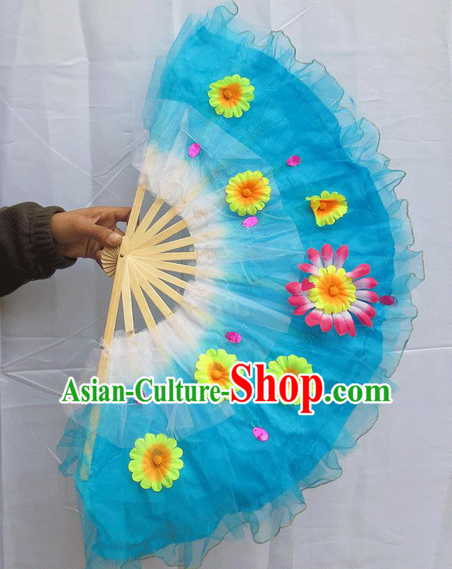 Chinese Traditional Folk Dance Folding Fans Classical Yangko Dance Blue Silk Fans for Women