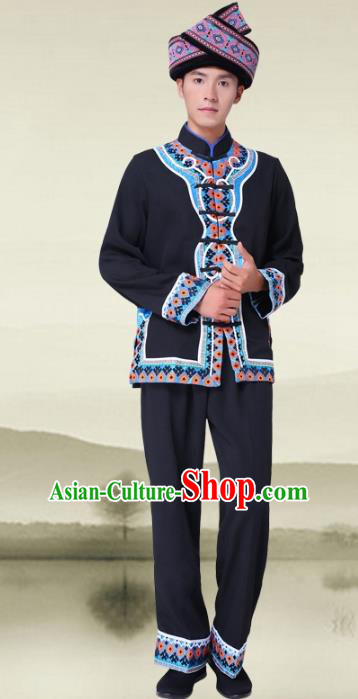 Traditional Chinese Tujia Nationality Dance Black Costume and Headwear Tujia Ethnic Minority Embroidery Clothing for Men