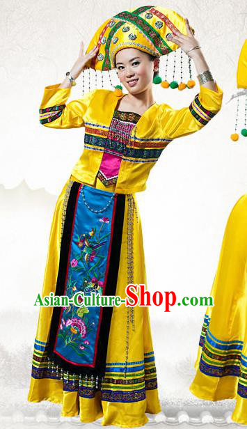 Traditional Chinese Zhuang Nationality Dance Costume, China Zhuangzu Ethnic Minority Clothing and Headdress for Women