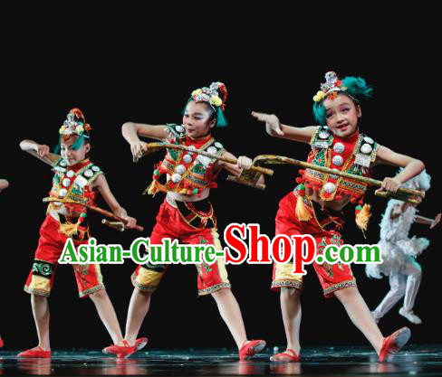 Traditional Chinese Minority Folk Dance Costume, Children Classical Dance Ethnic Dress Clothing for Kids