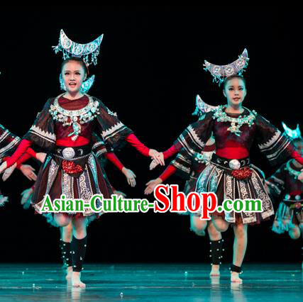Traditional Chinese Miao Nationality Folk Dance Costume, Children Classical Dance Ethnic Clothing for Kids