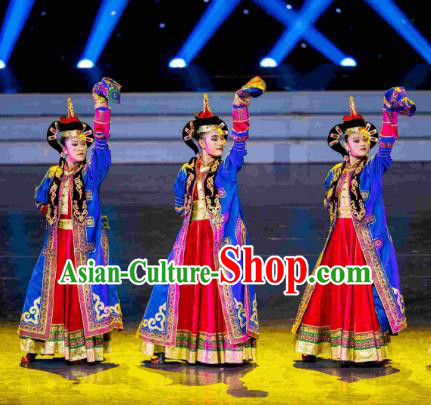 Traditional Chinese Mongolian Nationality Folk Dance Embroidered Costume, China Ethnic Minority Dance Clothing for Women