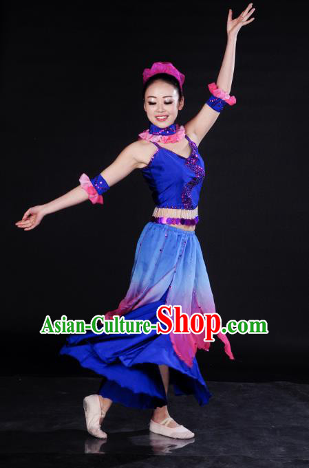Traditional Chinese Folk Dance Umbrella Dance Costume, China Yangko Classical Dance Blue Dress Clothing for Women
