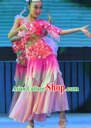 Chinese Traditional Lotus Dance Stage Performance Costume, China Folk Dance Pink Dress for Children