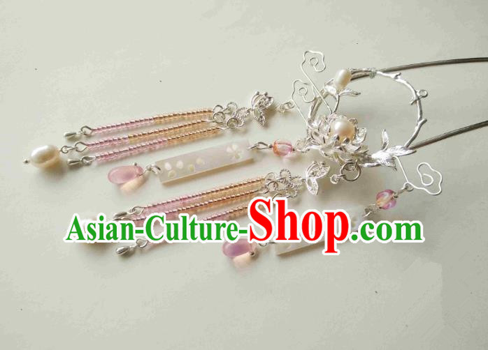 Chinese Traditional Ancient Hair Accessories Classical Pink Beads Tassel Hair Clip Hanfu Hairpins for Women