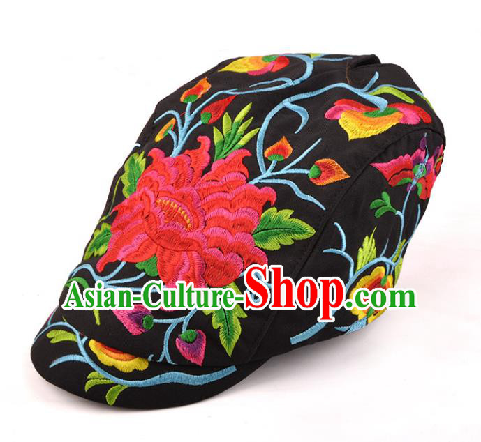 Chinese Traditional Embroidery Black Casquette Accessories Handmade Embroidered Peony Caps for Women