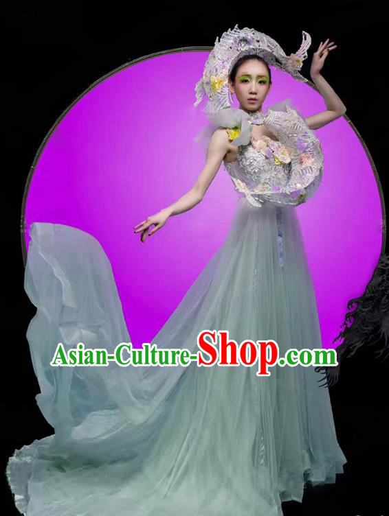 Top Grade Stage Performance Costumes Modern Fancywork Green Veil Full Dress and Headpiece for Women