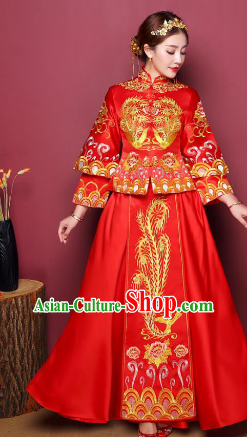 Chinese Traditional Wedding Costume, China Ancient Bride Xiuhe Suit Embroidered Phoenix Dress Clothing for Women