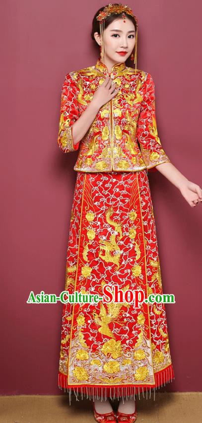 Chinese Ancient Wedding Costume Bride Toast Cheongsam Clothing, China Traditional Delicate Embroidered Xiuhe Suits for Women