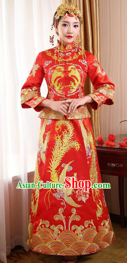 Chinese Traditional Wedding Dress Costume, China Ancient Bride Embroidered Phoenix Xiuhe Suit Clothing for Women