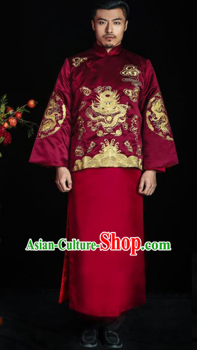Chinese Traditional Wedding Costume China Ancient Bridegroom Tang Suit Wine Red Gown for Men