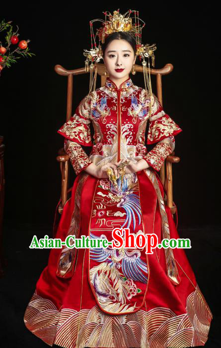 Chinese Traditional Xiuhe Suits Ancient Bride Embroidered Red Bottom Drawer Wedding Costumes for Women