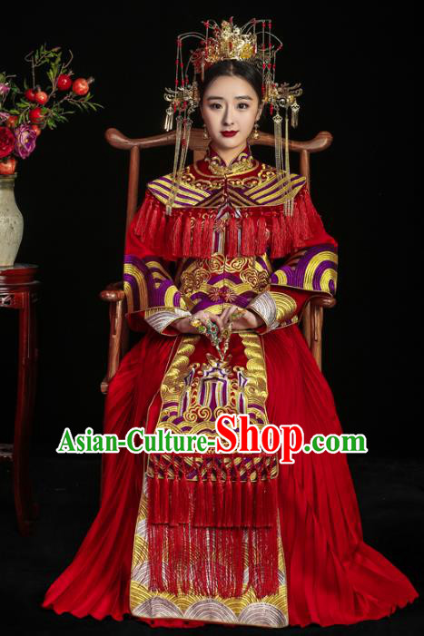 Chinese Traditional Toast Red Tassel Xiuhe Suits Ancient Bride Embroidered Bottom Drawer Wedding Costumes for Women