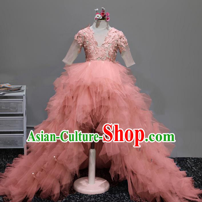 Children Stage Performance Costumes Ballroom Pink Bubble Dress Modern Fancywork Full Dress for Kids