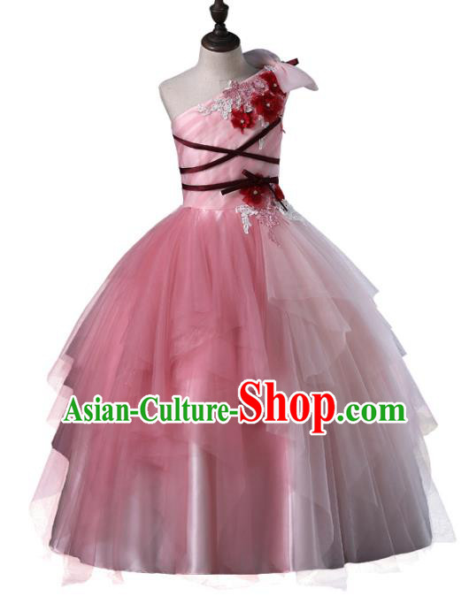 Top Grade Compere Costumes Children Pink Veil Dress Princess Dress Modern Fancywork Full Dress for Kids