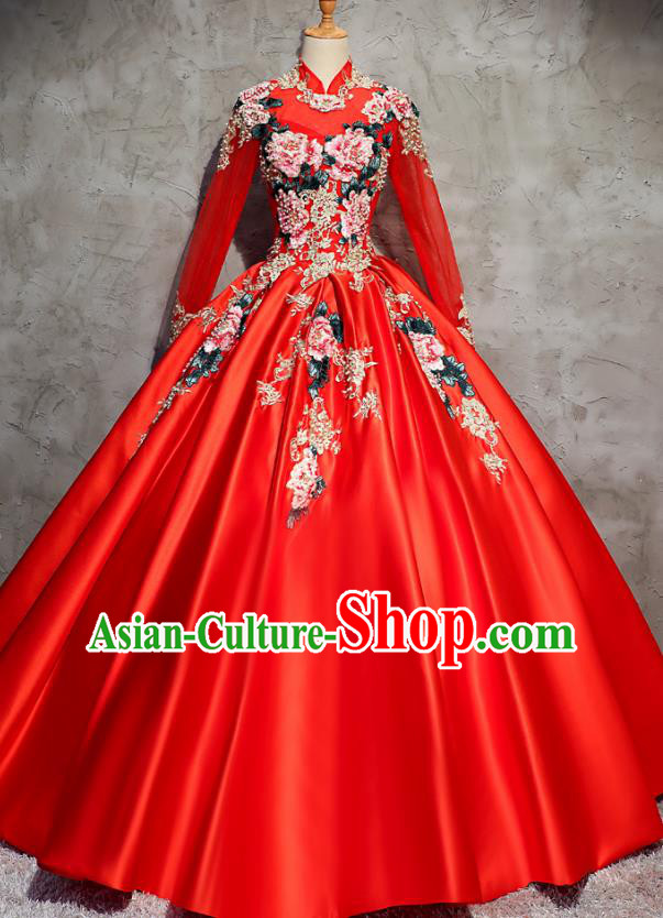 Top Grade Advanced Customization Red Embroidered Satin Dress Wedding Dress Compere Bridal Full Dress for Women