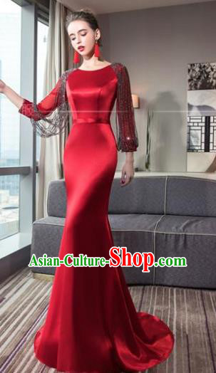 Top Grade Advanced Customization Red Satin Dress Wedding Dress Compere Bridal Full Dress for Women