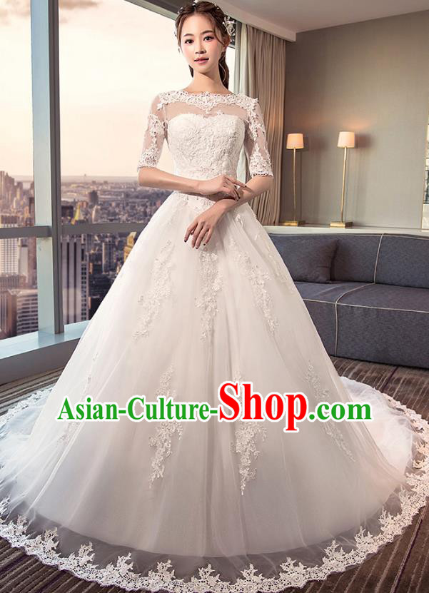 Top Grade Advanced Customization White Trailing Veil Dress Wedding Dress Compere Bridal Full Dress for Women