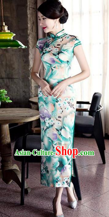 Top Grade Chinese Printing Light Green Silk Qipao Dress National Costume Traditional Mandarin Cheongsam for Women