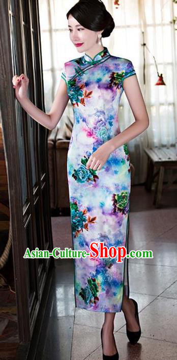 Top Grade Chinese Printing Lilac Silk Qipao Dress National Costume Traditional Mandarin Cheongsam for Women
