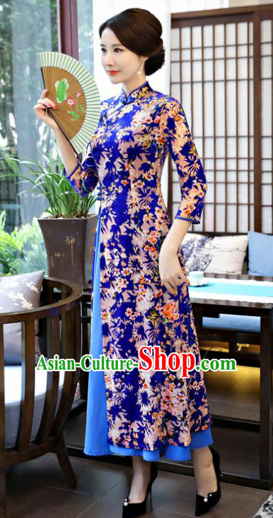 Top Grade Chinese Printing Flowers Royalblue Velvet Qipao Dress National Costume Traditional Mandarin Cheongsam for Women