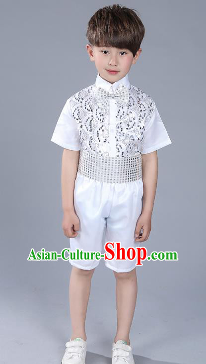 Top Grade Boys Chorus Sequins Costumes Children Compere Modern Dance White Clothing for Kids