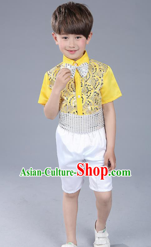 Top Grade Boys Chorus Sequins Costumes Children Compere Modern Dance Yellow Clothing for Kids