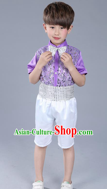 Top Grade Boys Chorus Sequins Costumes Children Compere Modern Dance Purple Clothing for Kids