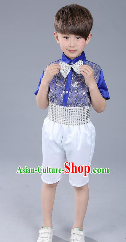 Top Grade Boys Chorus Sequins Costumes Children Compere Modern Dance Royalblue Clothing for Kids