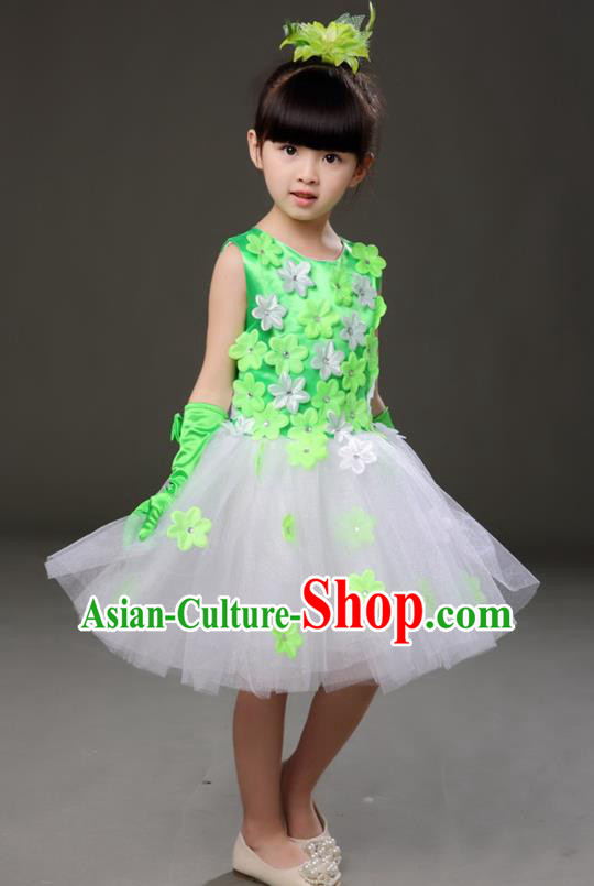 Top Grade Chorus Costumes Children Modern Dance Green Flowers Bubble Dress for Kids