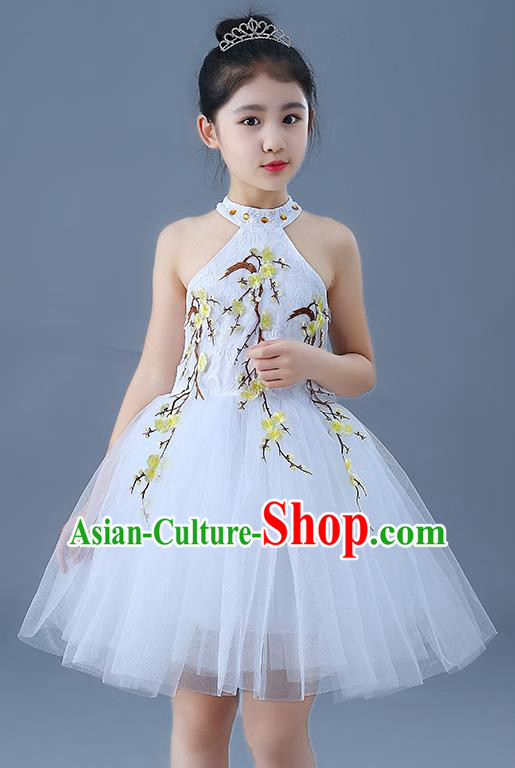 Top Grade Chorus Costumes Children Modern Dance Embroidered Yellow Plum Blossom Bubble Dress for Kids