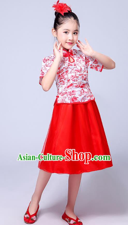 Chinese Ancient Chorus Costume Children Classical Dance Red Dress Stage Performance Clothing for Kids