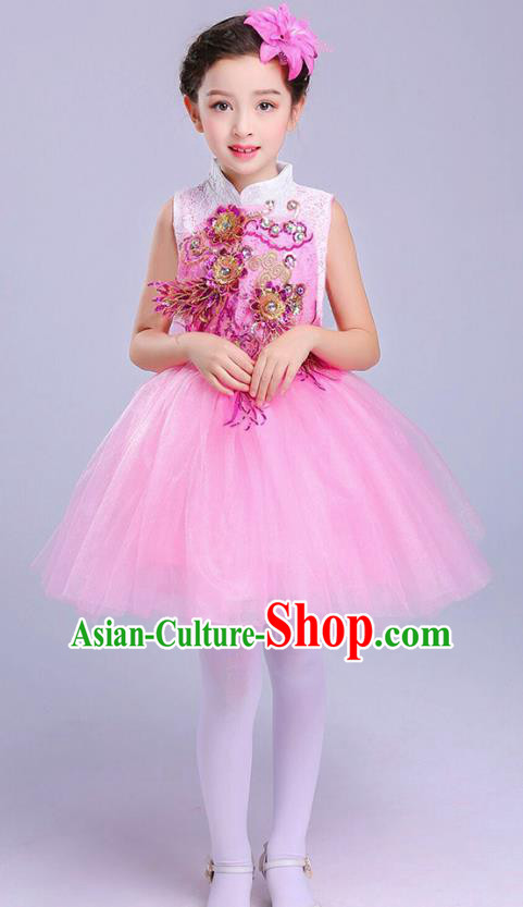 Top Grade Chorus Costumes Children Modern Dance Embroidered Paillette Pink Bubble Dress for Kids