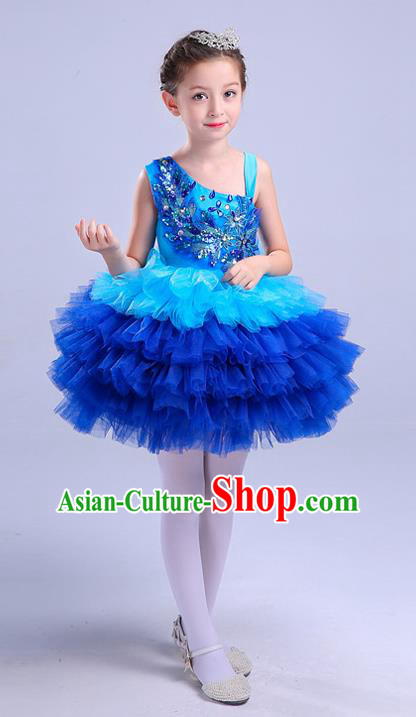 Top Grade Chorus Costumes Children Modern Dance Clothing Blue Bubble Dress for Kids