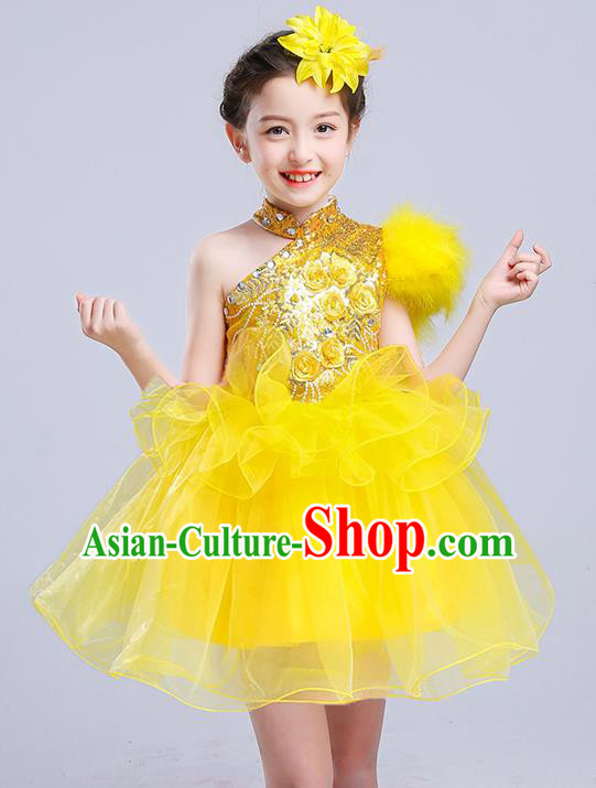 Top Grade Chorus Stage Performance Costumes Yellow Veil Bubble Dress Children Modern Dance Clothing for Kids