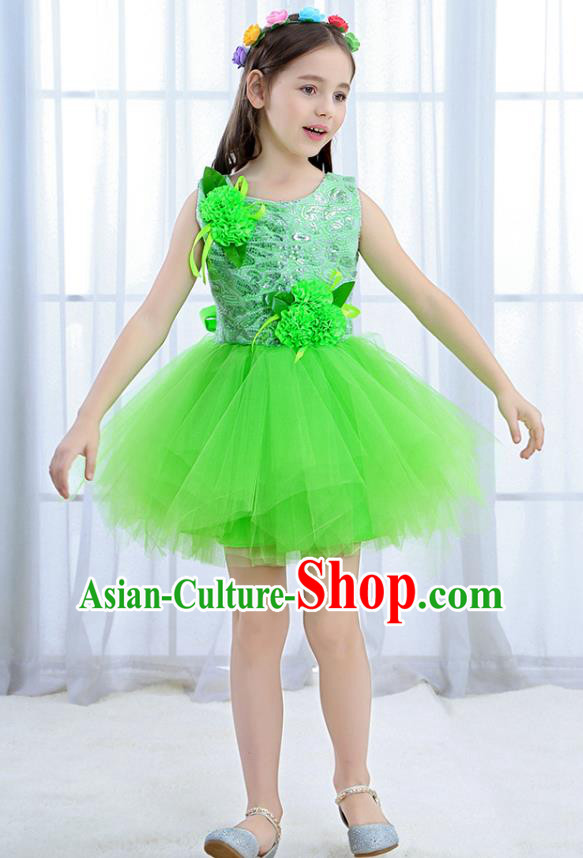 Top Grade Chorus Stage Performance Costumes Green Flower Bubble Dress Children Modern Dance Clothing for Kids