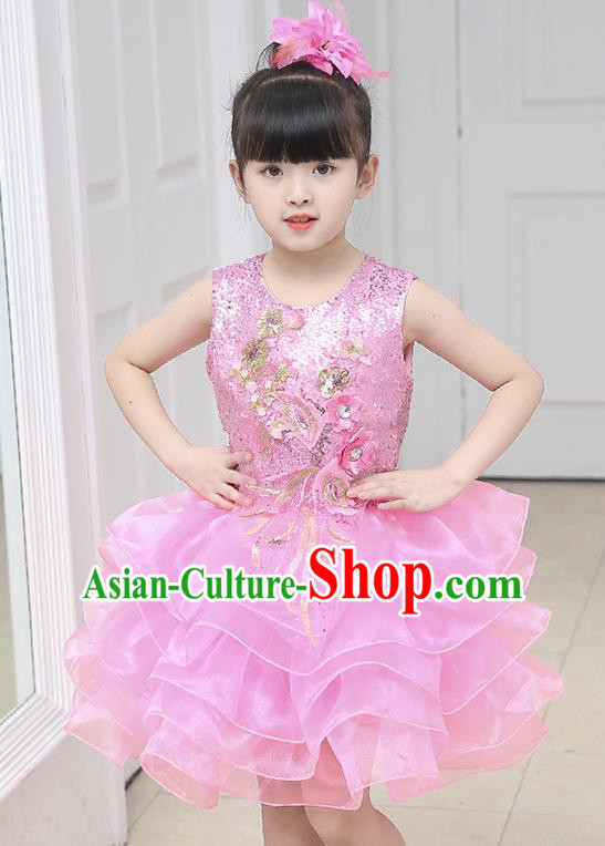 Top Grade Chorus Costumes Stage Performance Pink Sequins Bubble Dress Children Modern Dance Clothing for Kids