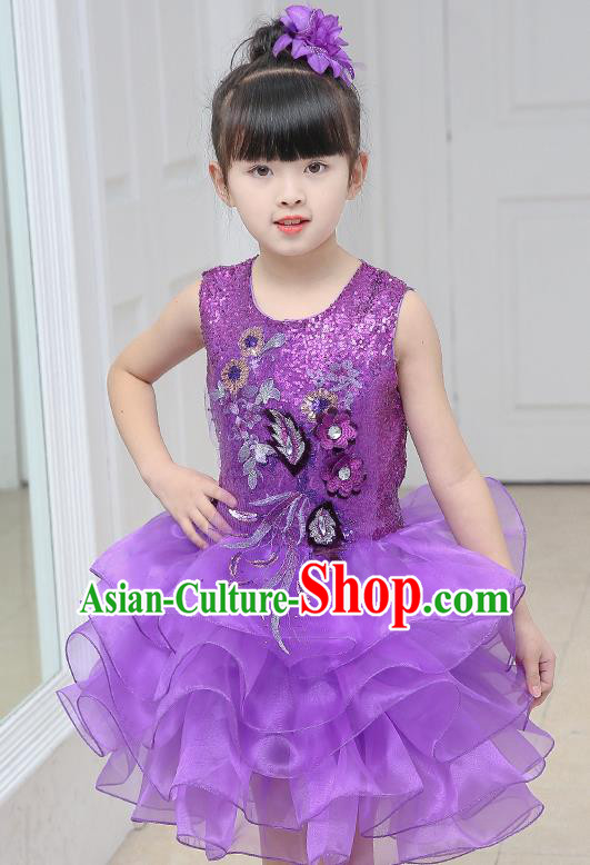 Top Grade Chorus Costumes Stage Performance Purple Sequins Bubble Dress Children Modern Dance Clothing for Kids