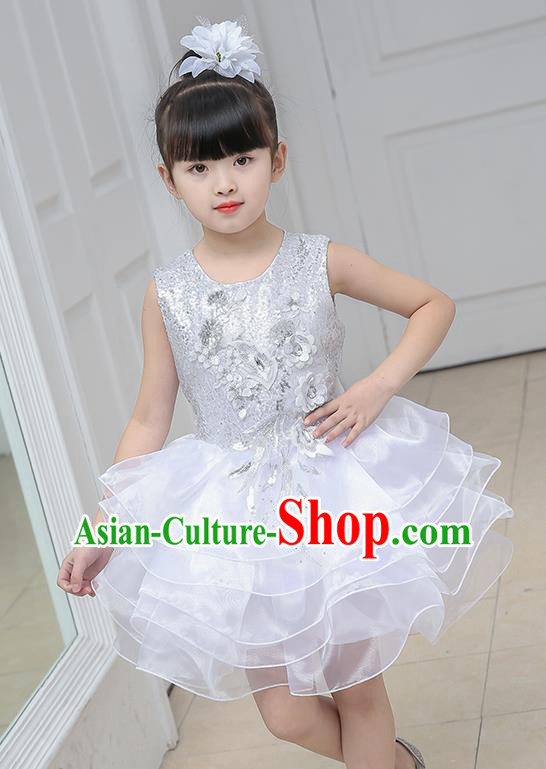 Top Grade Chorus Costumes Stage Performance White Sequins Bubble Dress Children Modern Dance Clothing for Kids