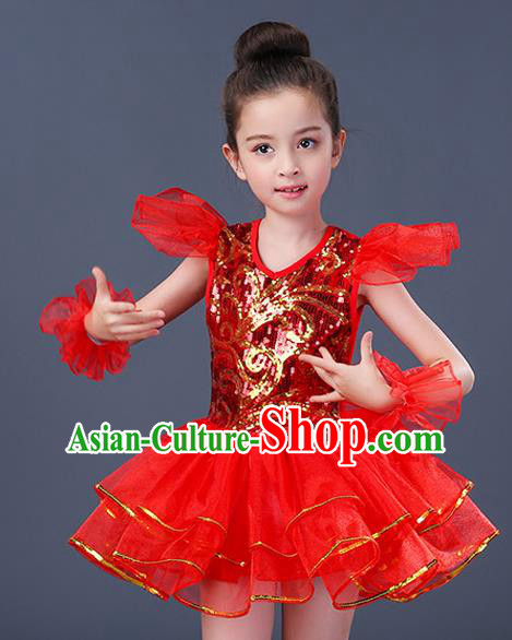 Top Grade Chorus Costumes Stage Performance Jazz Dance Red Dress Children Modern Dance Clothing for Kids