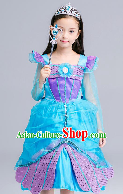 Top Grade Halloween Costumes Stage Performance Princess Blue Full Dress Children Modern Dance Clothing for Kids