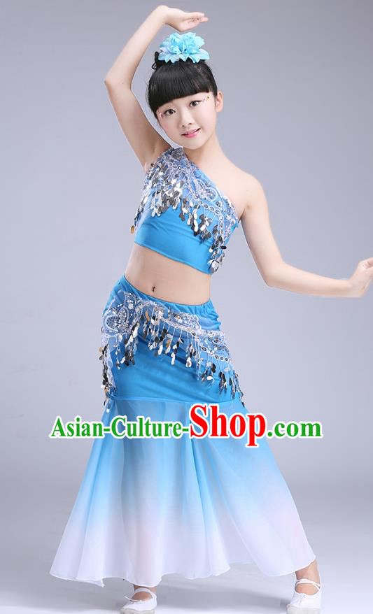 Chinese Traditional Folk Dance Costumes Pavane Dance Blue Dress Children Classical Peacock Dance Clothing for Kids
