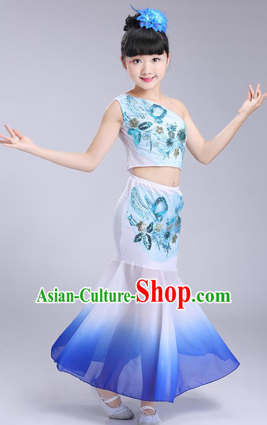 Chinese Traditional Folk Dance Costumes Dai Nationality Pavane Royalblue Dress Children Classical Peacock Dance Clothing for Kids