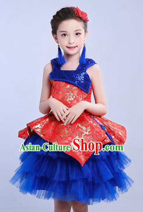 Chinese Traditional Folk Dance Costumes Compere Cheongsam Red Dress Children Classical Dance Clothing for Kids