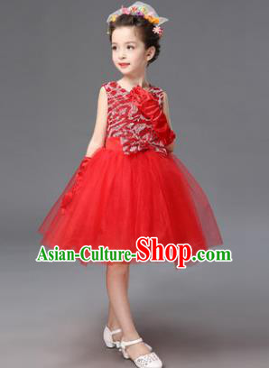 Top Grade Princess Red Bubble Dress Stage Performance Chorus Costumes Children Modern Dance Clothing for Kids