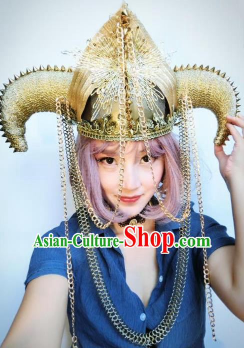 Top Grade Catwalks Tassel Hair Accessories Exaggerated Ox Horn Golden Hats Halloween Modern Fancywork Headwear