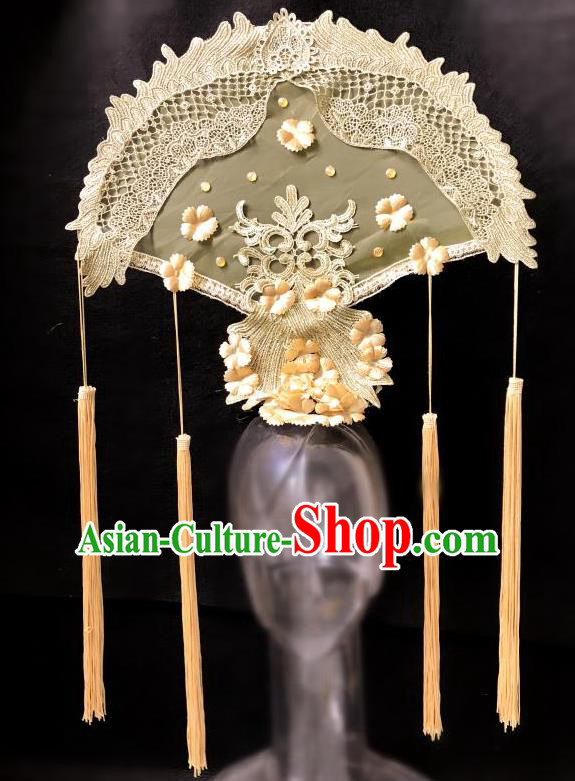 Top Grade Catwalks Golden Fan-Shape Hair Accessories Exaggerated Chinese Traditional Headdress Modern Fancywork Headwear