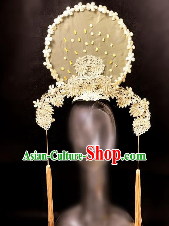Top Grade Catwalks Golden Lace Flowers Hair Accessories Exaggerated Chinese Traditional Headdress Modern Fancywork Headwear